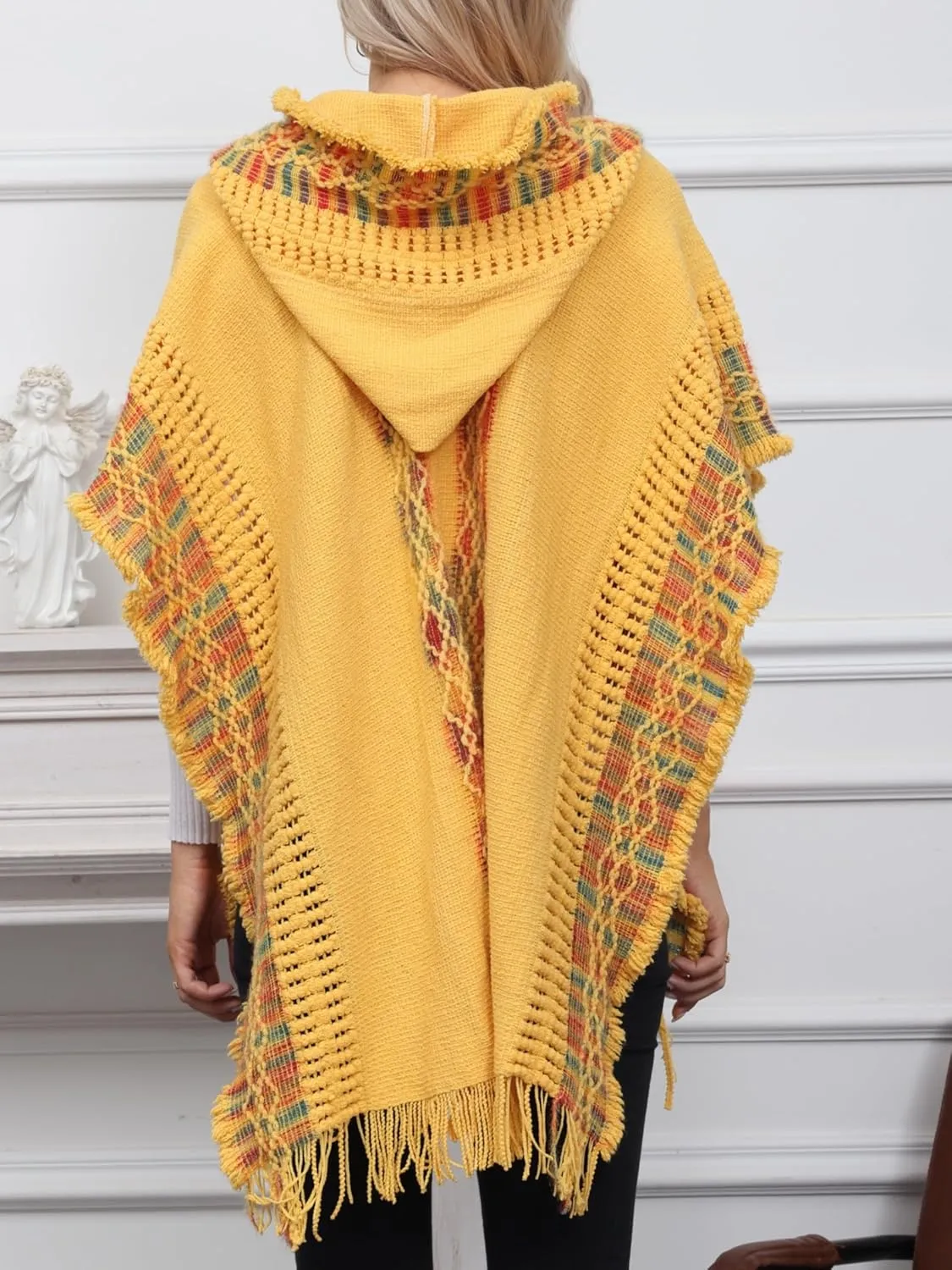 Women's Knit Vintage Ethnic Tassel stripes Poncho Shawl With Tassel Open front Cape Wrap