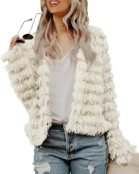 Womens Open Front Faux Fur Cardigan Vintage Parka Shaggy Jacket Coat