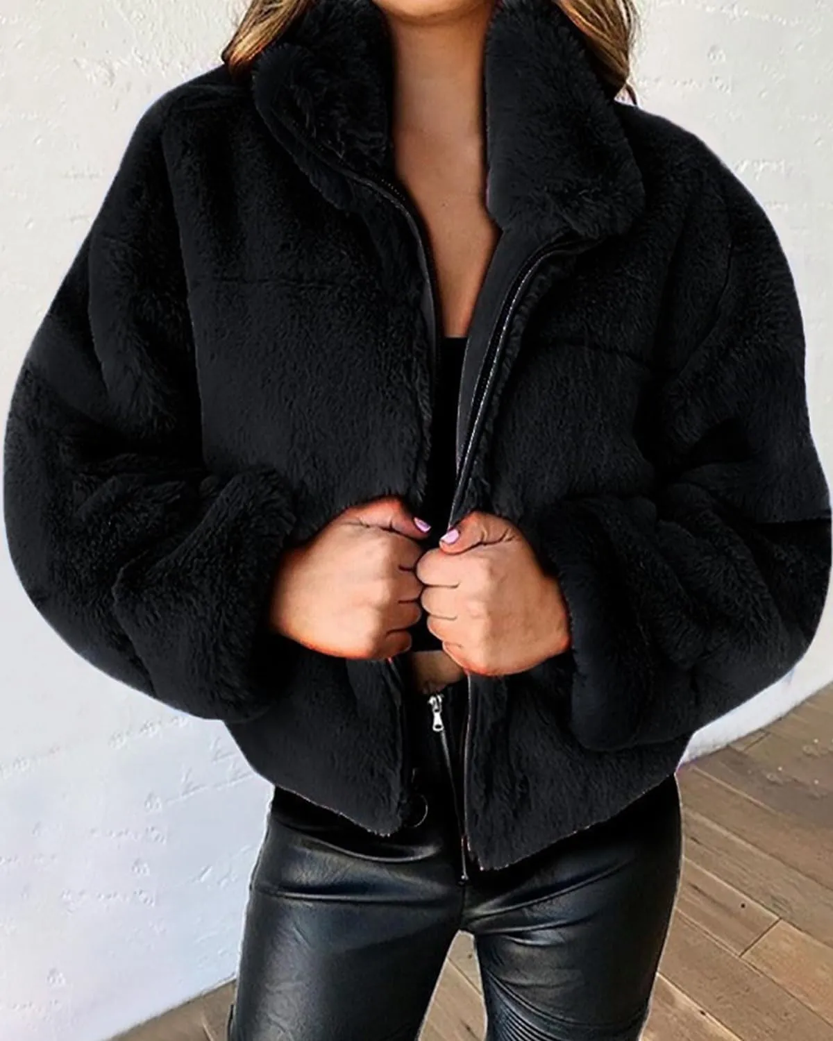 Womens Oversized Long Sleeve Faux Fur Zip Up Fuzzy Crop Winter Teddy Coat Thermal Short Fluffy Sherpa Jacket