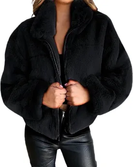 Womens Oversized Long Sleeve Faux Fur Zip Up Fuzzy Crop Winter Teddy Coat Thermal Short Fluffy Sherpa Jacket