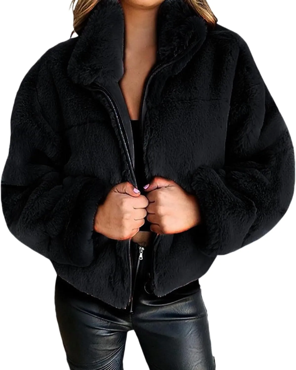 Womens Oversized Long Sleeve Faux Fur Zip Up Fuzzy Crop Winter Teddy Coat Thermal Short Fluffy Sherpa Jacket