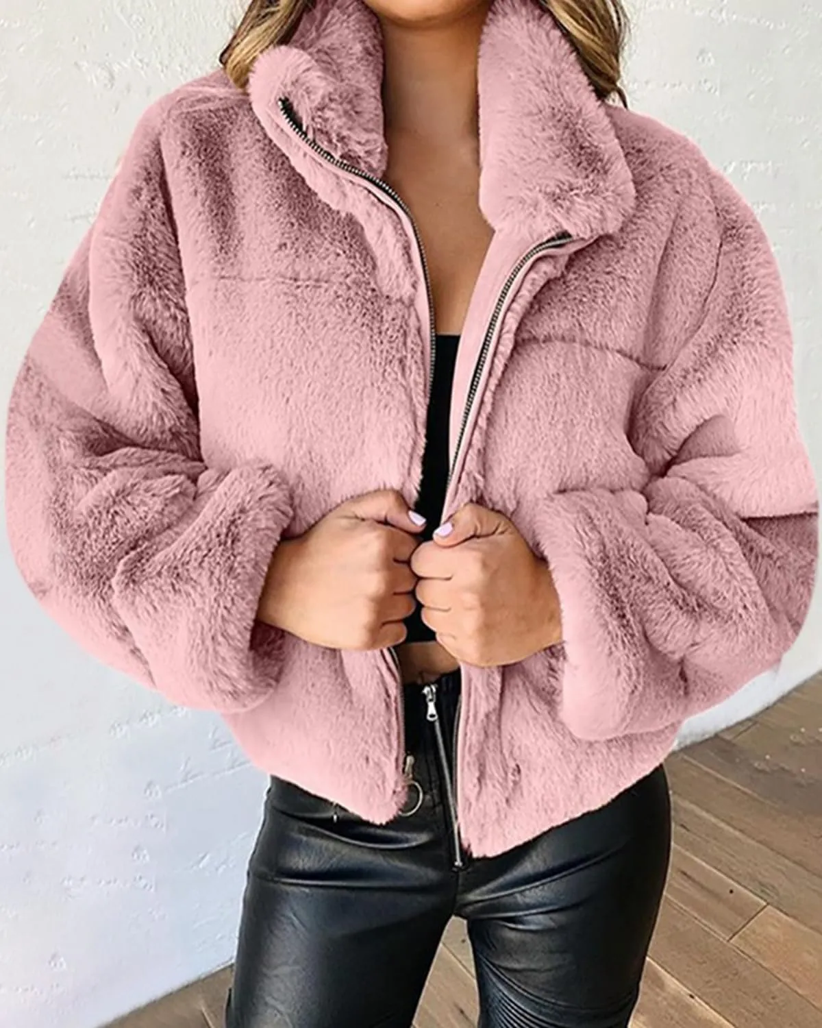 Womens Oversized Long Sleeve Faux Fur Zip Up Fuzzy Crop Winter Teddy Coat Thermal Short Fluffy Sherpa Jacket