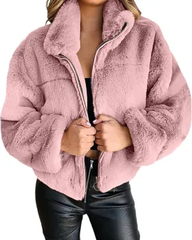 Womens Oversized Long Sleeve Faux Fur Zip Up Fuzzy Crop Winter Teddy Coat Thermal Short Fluffy Sherpa Jacket