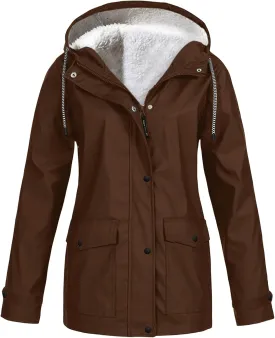 Womens Rain Jacket Sherpa Fleece Lined Hooded Coat Full Zip Button Jackets Outdoor Waterproof Travel Trench Coats
