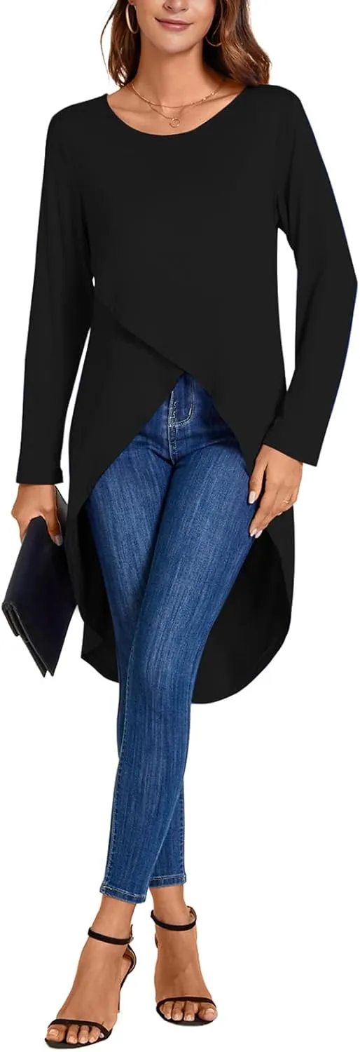 Women's Tunic Tops Long Sleeve Wrap Front Split Casual Crewneck Asymmetrical High Low Tops Blouse