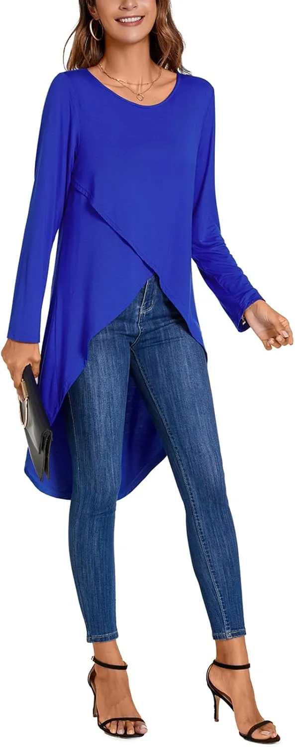 Women's Tunic Tops Long Sleeve Wrap Front Split Casual Crewneck Asymmetrical High Low Tops Blouse