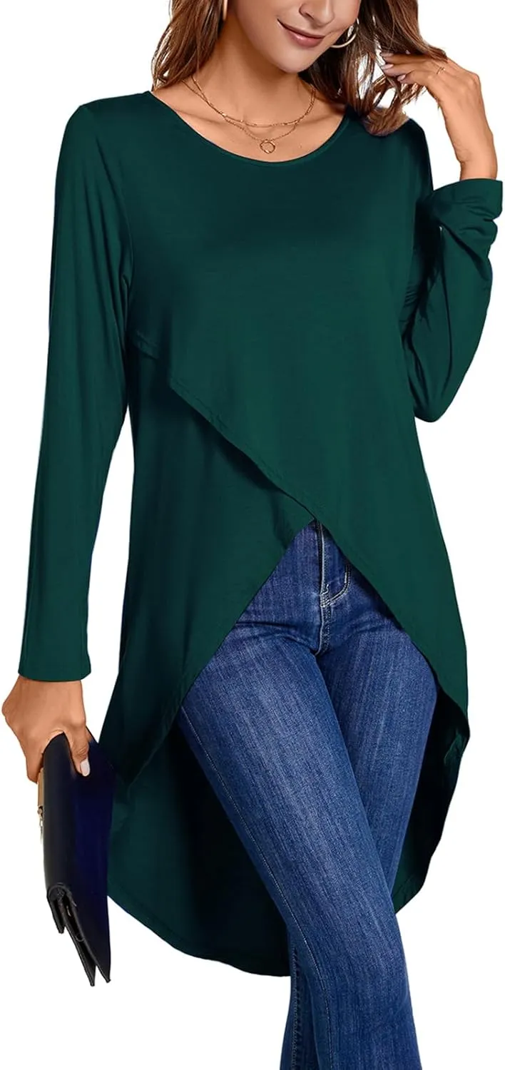 Women's Tunic Tops Long Sleeve Wrap Front Split Casual Crewneck Asymmetrical High Low Tops Blouse