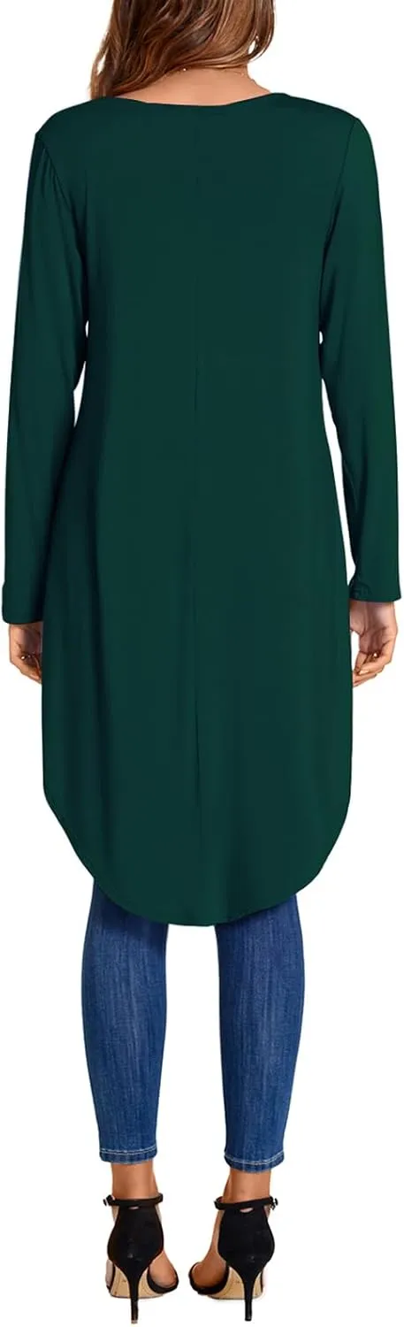 Women's Tunic Tops Long Sleeve Wrap Front Split Casual Crewneck Asymmetrical High Low Tops Blouse