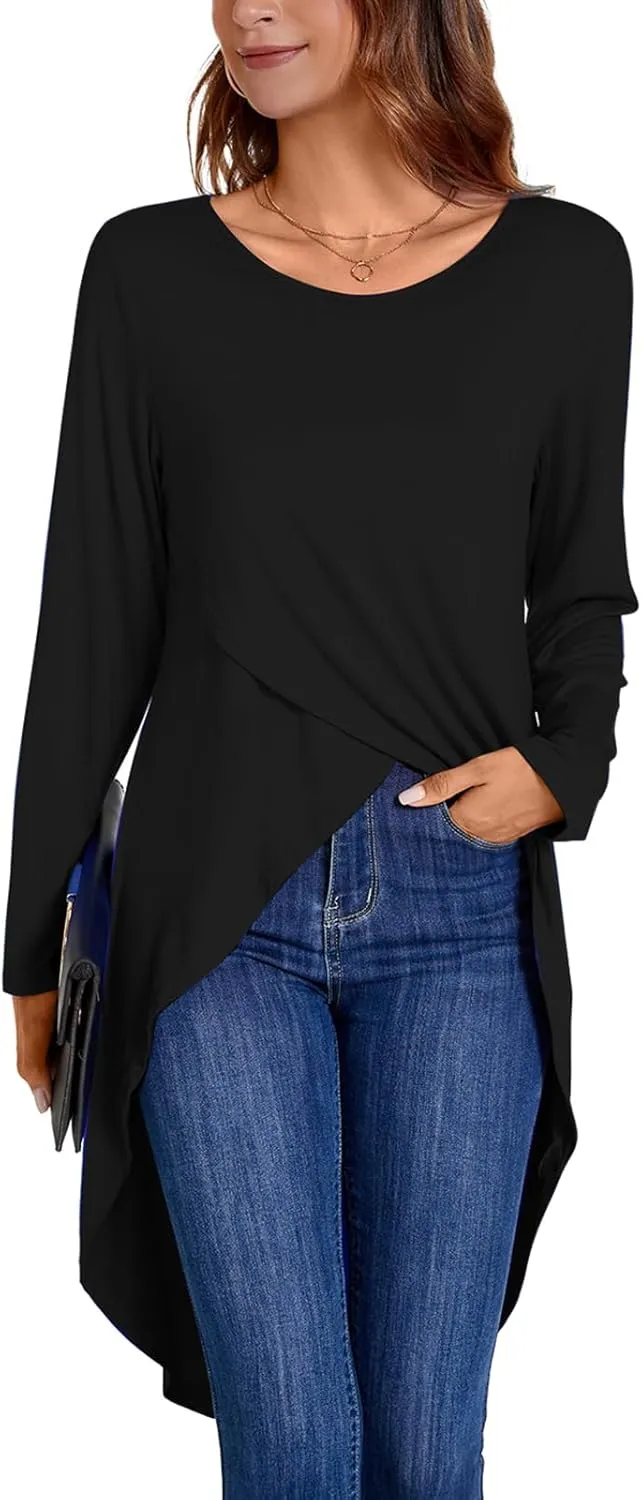 Women's Tunic Tops Long Sleeve Wrap Front Split Casual Crewneck Asymmetrical High Low Tops Blouse