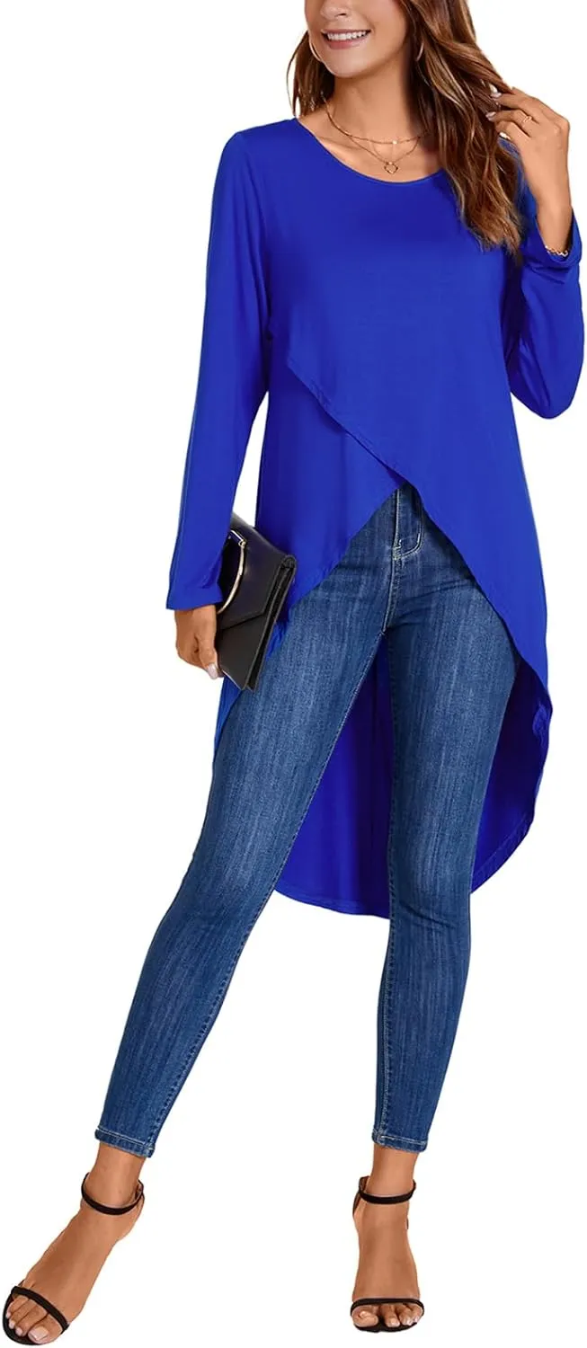 Women's Tunic Tops Long Sleeve Wrap Front Split Casual Crewneck Asymmetrical High Low Tops Blouse
