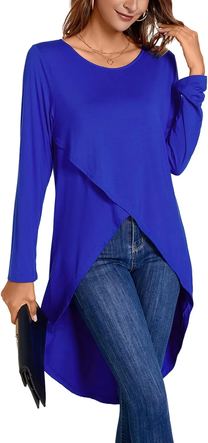 Women's Tunic Tops Long Sleeve Wrap Front Split Casual Crewneck Asymmetrical High Low Tops Blouse