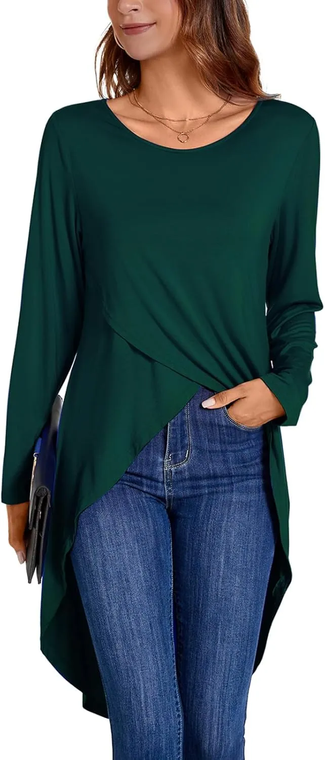 Women's Tunic Tops Long Sleeve Wrap Front Split Casual Crewneck Asymmetrical High Low Tops Blouse