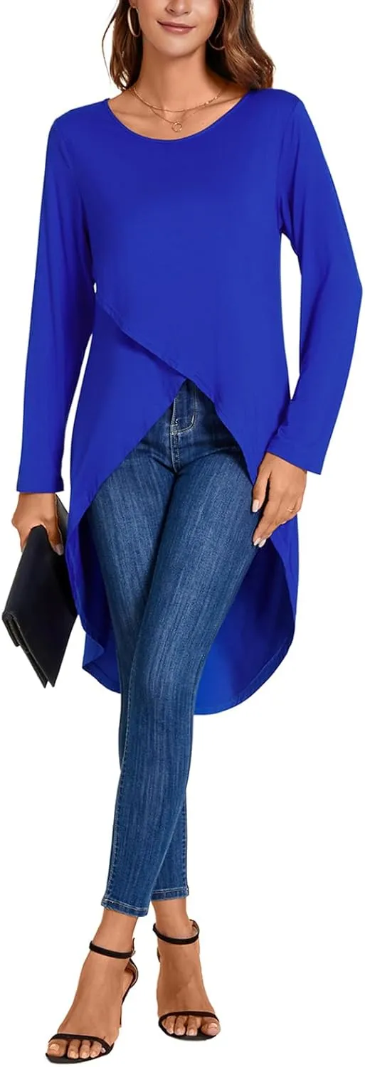 Women's Tunic Tops Long Sleeve Wrap Front Split Casual Crewneck Asymmetrical High Low Tops Blouse
