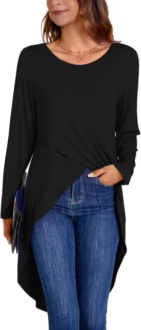 Women's Tunic Tops Long Sleeve Wrap Front Split Casual Crewneck Asymmetrical High Low Tops Blouse