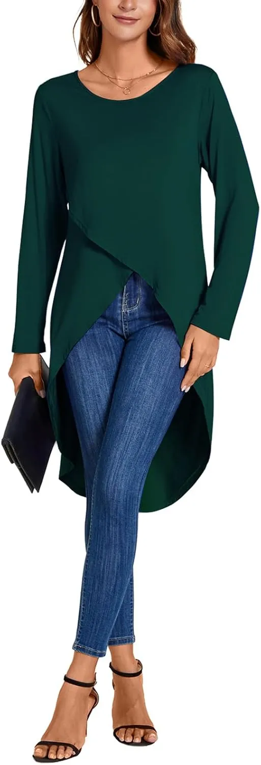 Women's Tunic Tops Long Sleeve Wrap Front Split Casual Crewneck Asymmetrical High Low Tops Blouse