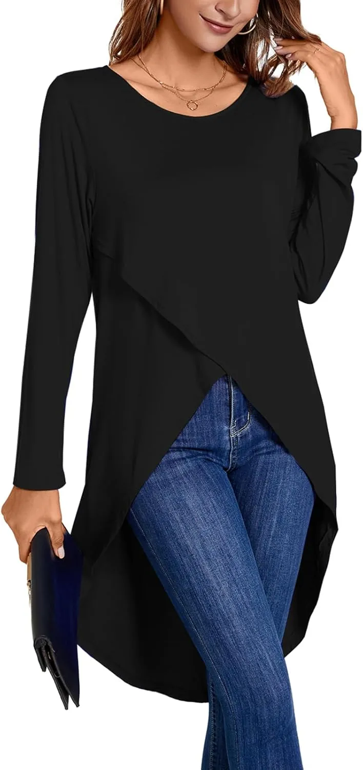 Women's Tunic Tops Long Sleeve Wrap Front Split Casual Crewneck Asymmetrical High Low Tops Blouse