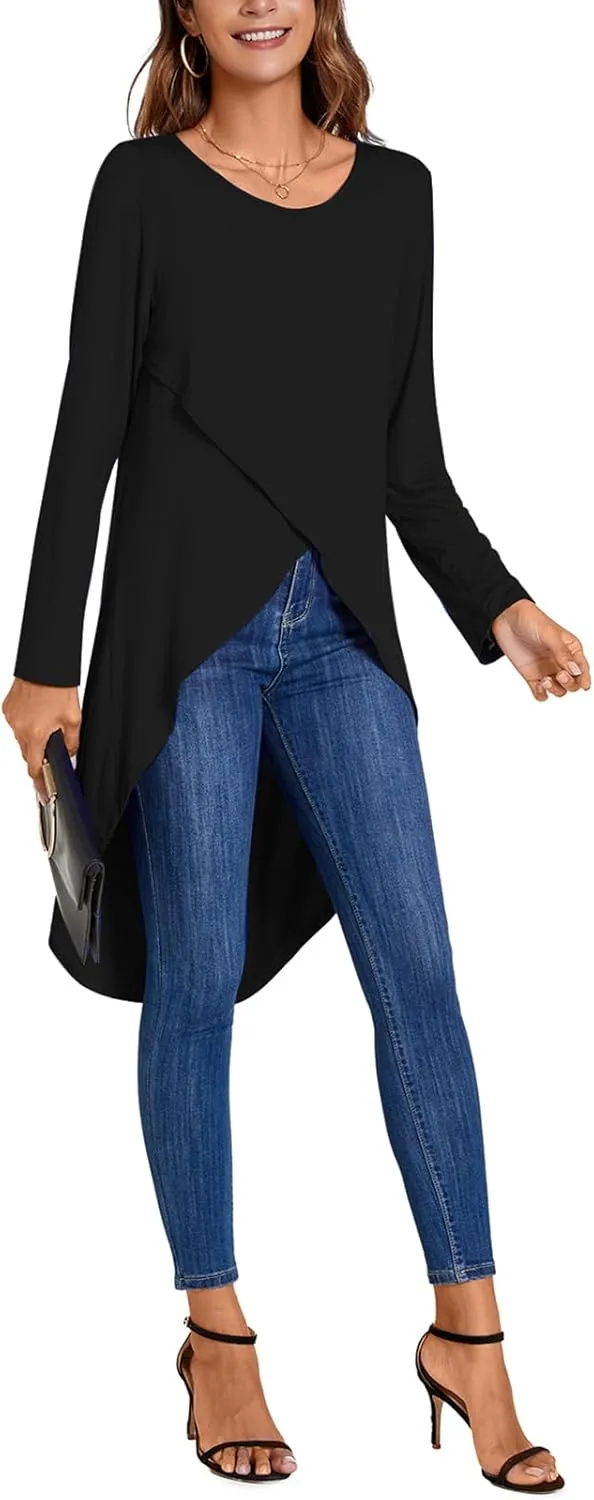 Women's Tunic Tops Long Sleeve Wrap Front Split Casual Crewneck Asymmetrical High Low Tops Blouse