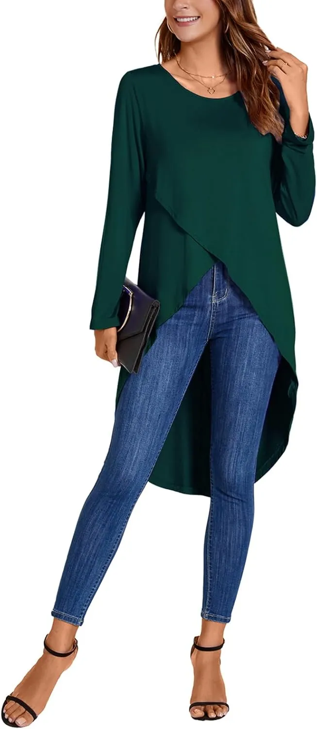 Women's Tunic Tops Long Sleeve Wrap Front Split Casual Crewneck Asymmetrical High Low Tops Blouse