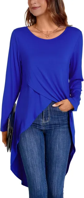 Women's Tunic Tops Long Sleeve Wrap Front Split Casual Crewneck Asymmetrical High Low Tops Blouse