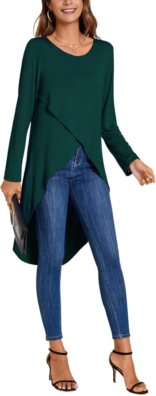 Women's Tunic Tops Long Sleeve Wrap Front Split Casual Crewneck Asymmetrical High Low Tops Blouse