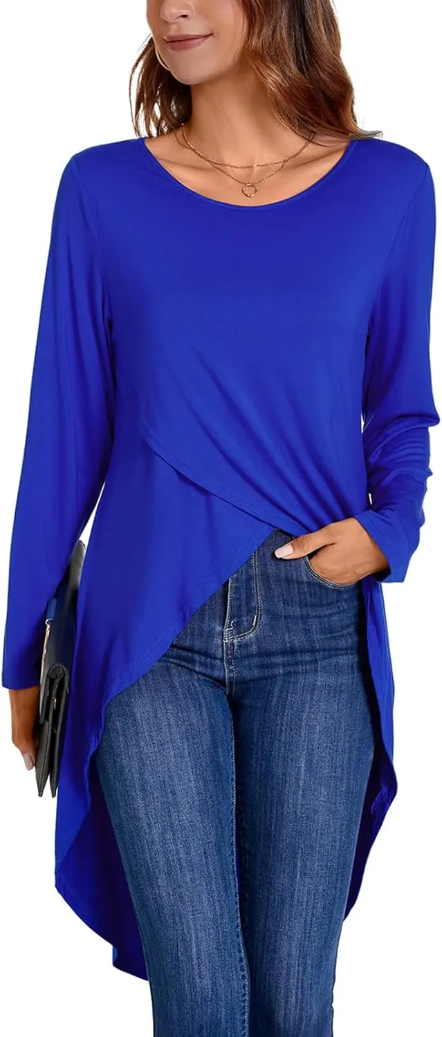 Women's Tunic Tops Long Sleeve Wrap Front Split Casual Crewneck Asymmetrical High Low Tops Blouse