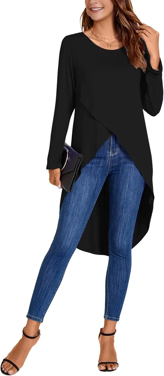 Women's Tunic Tops Long Sleeve Wrap Front Split Casual Crewneck Asymmetrical High Low Tops Blouse