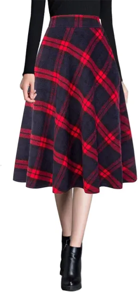 Ylingjun Womens Warm Wool Midi Skirts Winter Fall High Elastic Waist A line Flared Woolen Skirts
