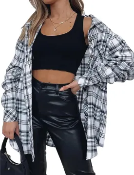 Zontroldy Womens Flannel Plaid Shirts Oversized Long Sleeve Button Down Buffalo Plaid Shirt Blouse Tops