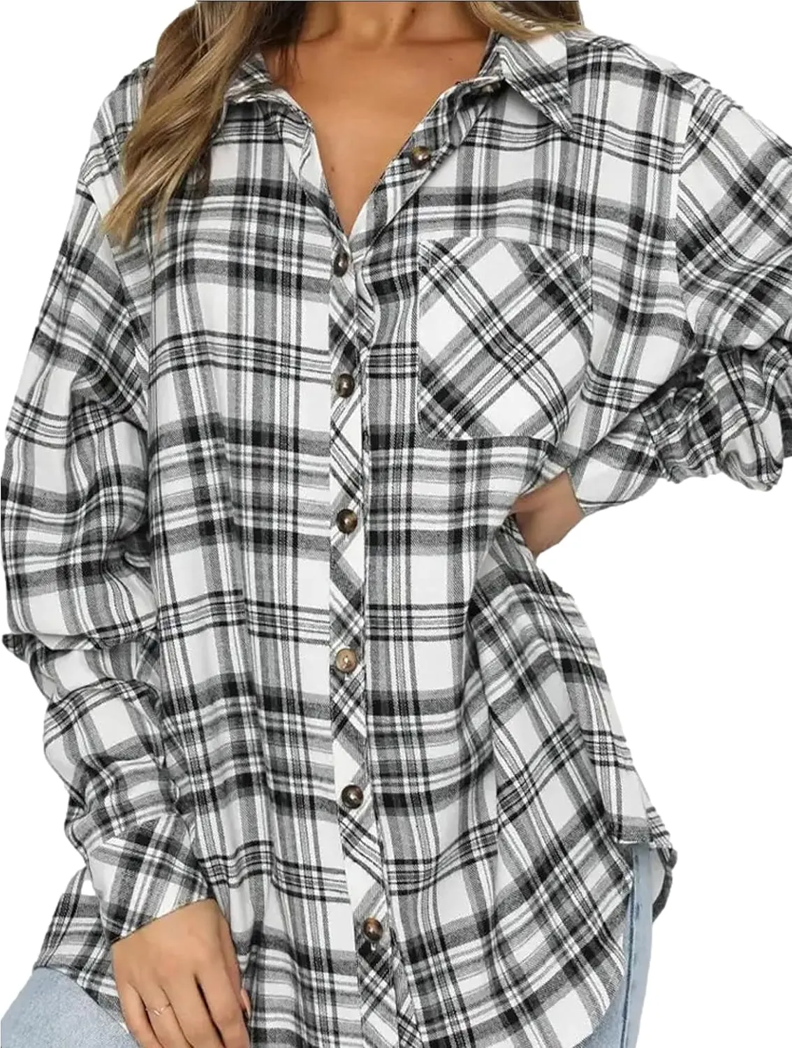 Zontroldy Womens Flannel Plaid Shirts Oversized Long Sleeve Button Down Buffalo Plaid Shirt Blouse Tops